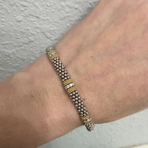 Lagos Sterling Silver and 18k gold diamond Caviar bracelet. Size M - Picture 1 of 5